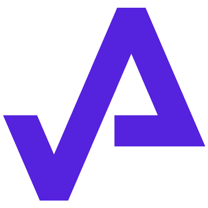 A purple letter v on a black background.