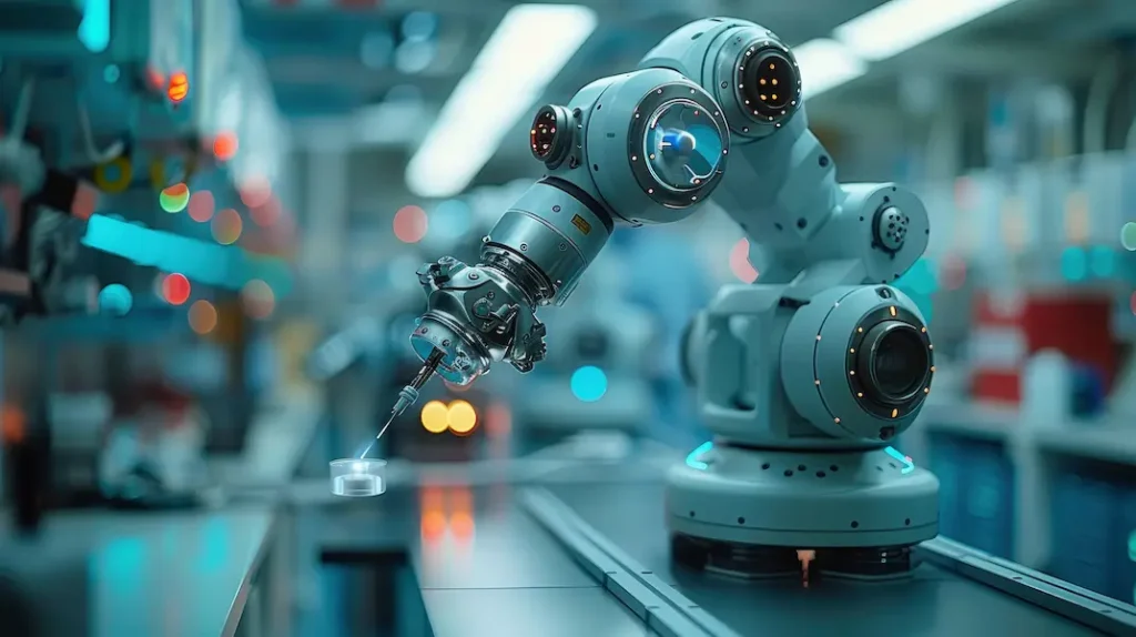 A robotic arm with precise instruments works on a small object in an advanced laboratory setting, surrounded by various equipment and lights.