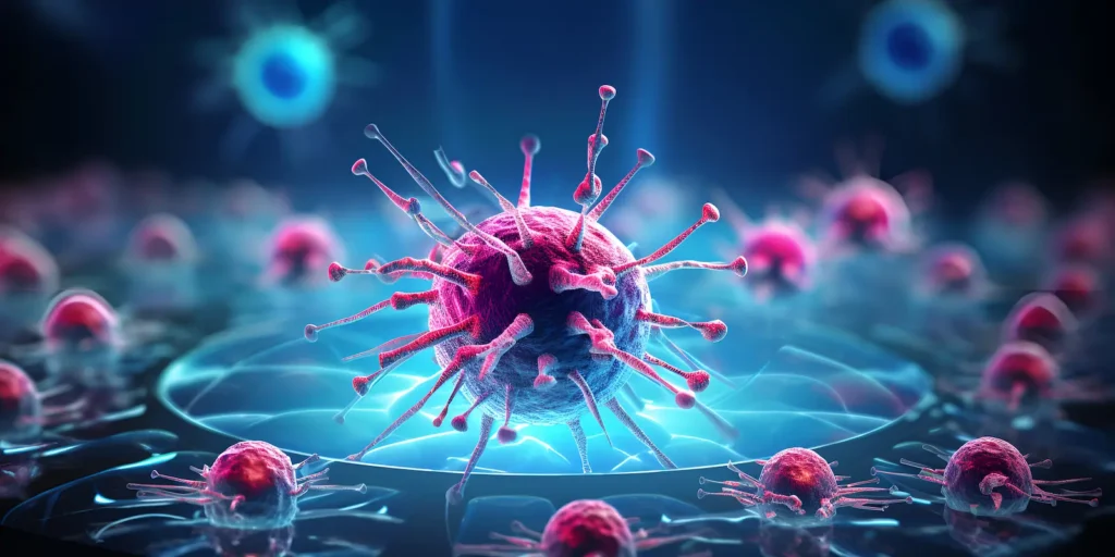 A close-up view of a virus with spike-like structures set against a blue, blurry laboratory backdrop.