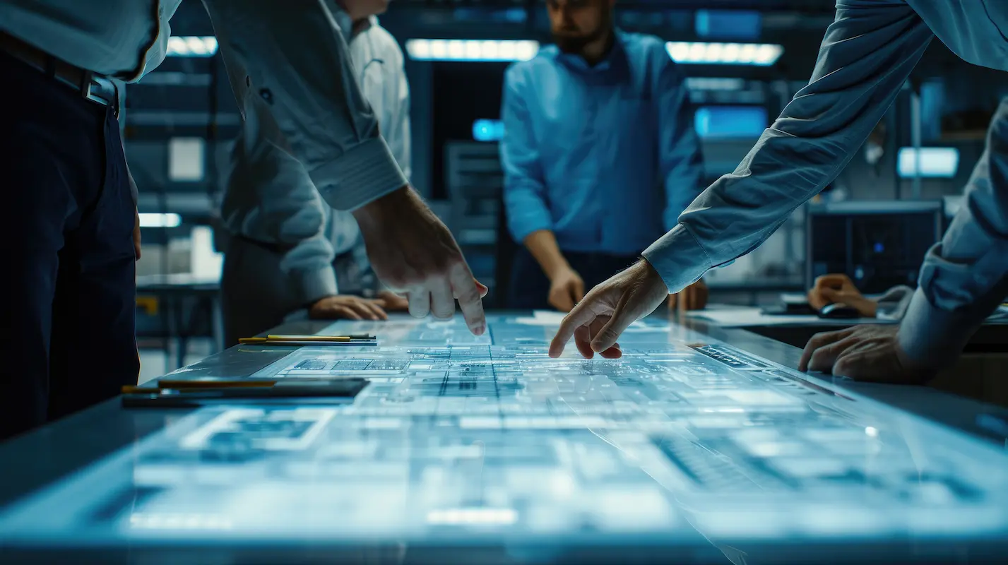 People collaborate around a large interactive digital table displaying technical data and schematics in a dimly lit workspace.