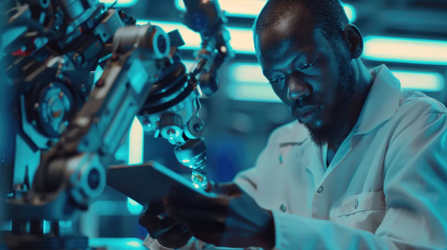 A man in a lab coat interacts with a tablet next to a robotic arm in a high-tech laboratory setting.