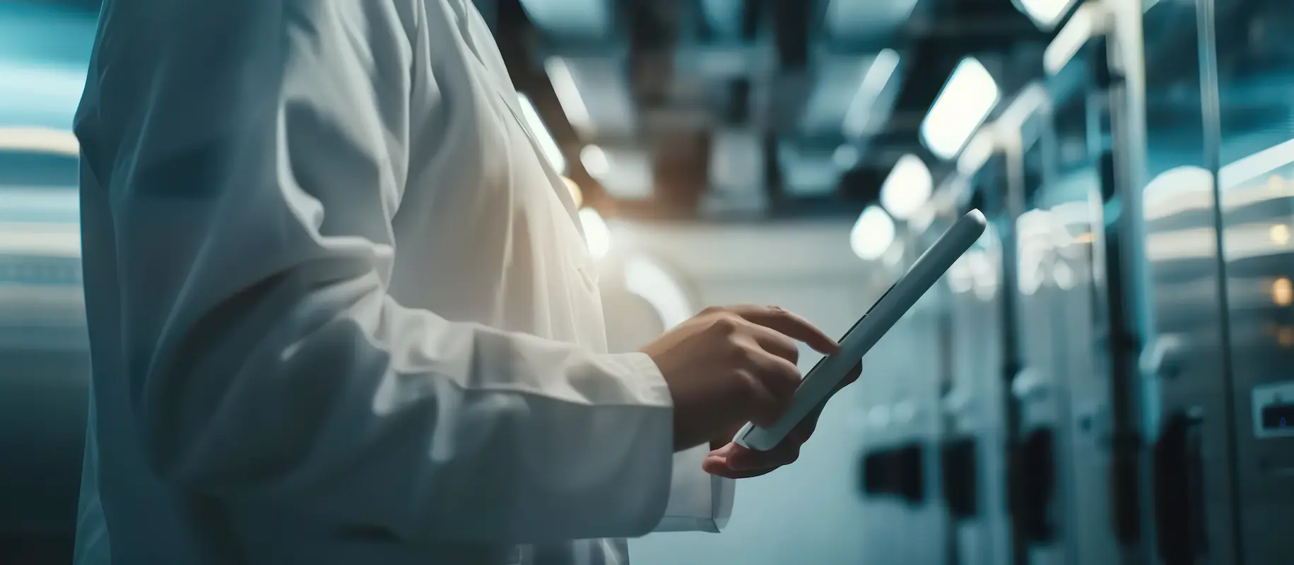 A person in a white lab coat is using a tablet while standing in a high-tech, dimly lit server room.