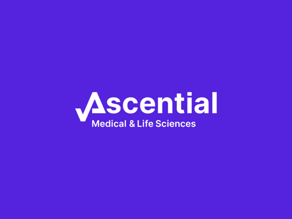 The image shows the Ascential Medical & Life Sciences logo on a purple background.