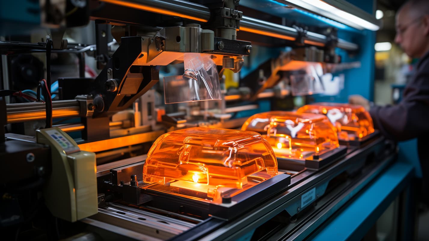 Automated assembly line with illuminated orange components in a manufacturing facility. A worker is visible in the background.