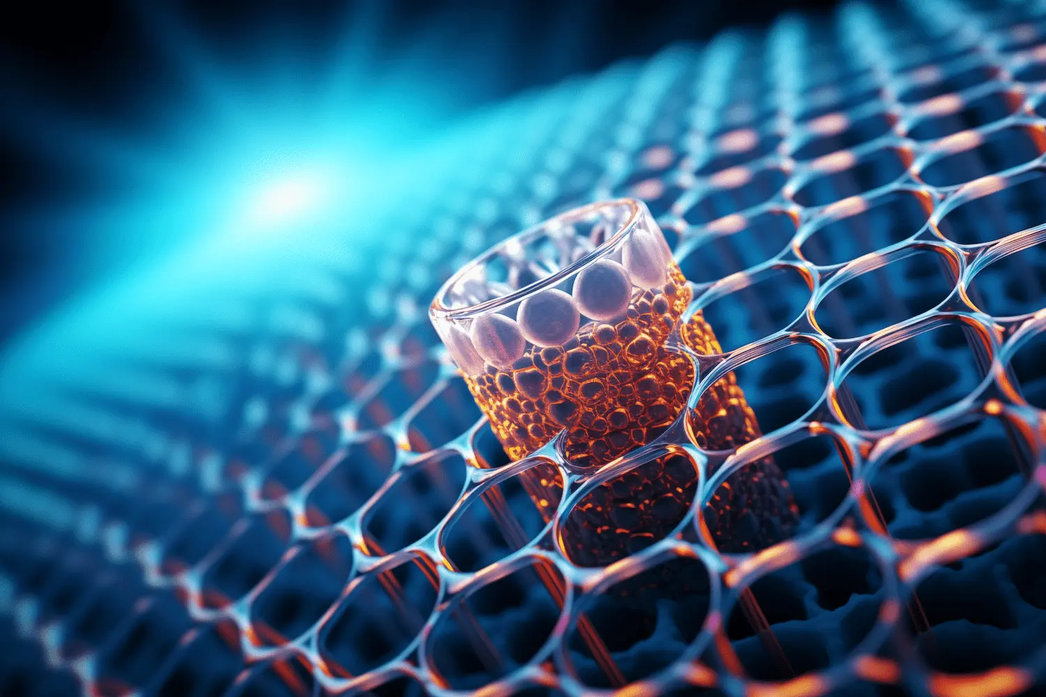 A cup-like object emitting orange light is displayed on a mesh surface with a blue, glowing background. The object and surface feature hexagonal patterns.