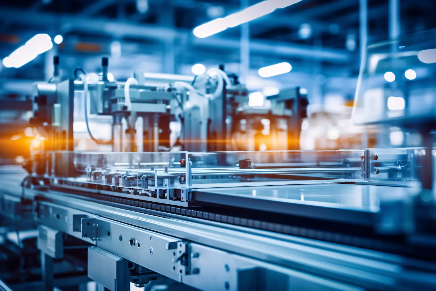 Industrial machinery operating on an automated assembly line in a modern factory setting, with robotic arms and conveyor belts visible, illuminated by bright lighting.