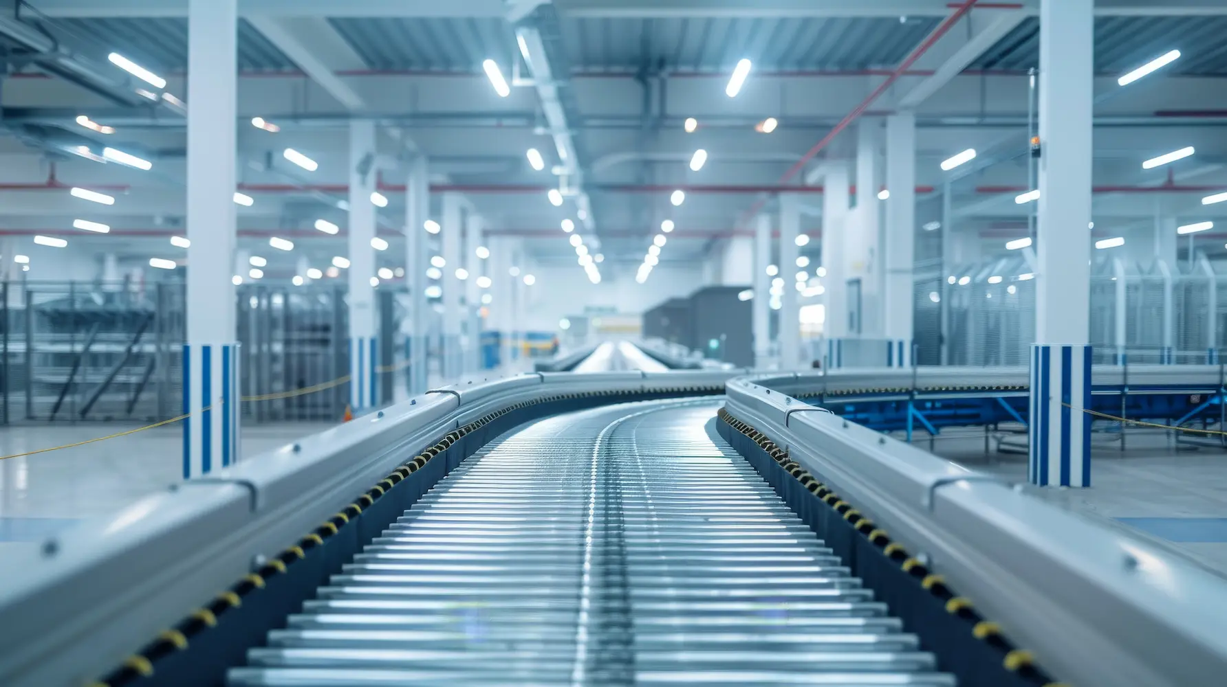 A modern warehouse interior featuring a well-lit conveyor system with rows of rollers, extending into the distance, surrounded by safety barriers and industrial shelving units.