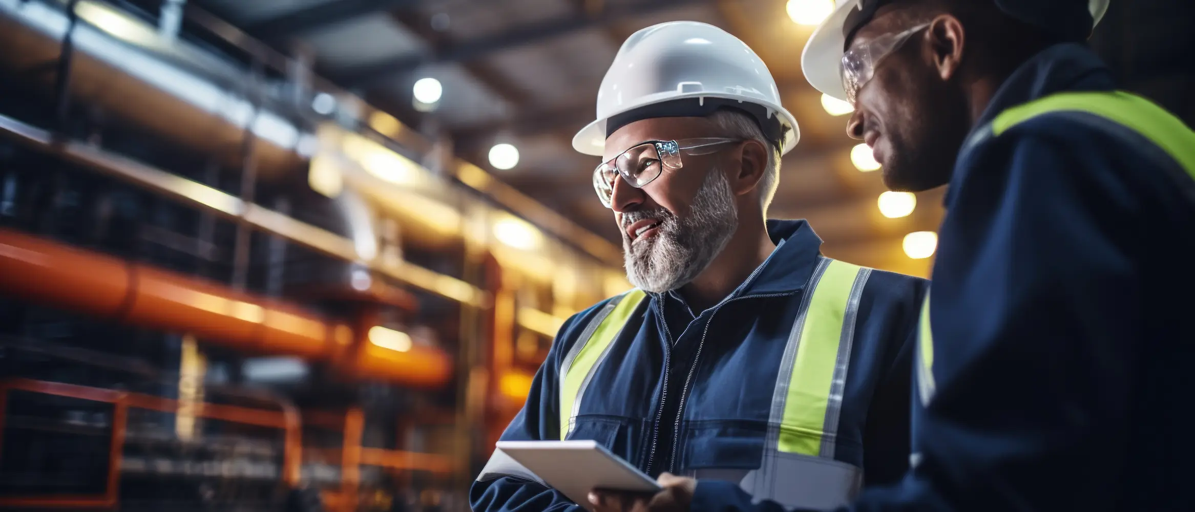 Two workers in safety gear and hard hats discuss an inspection in an industrial facility. One holds a tablet, and machinery is visible in the background.