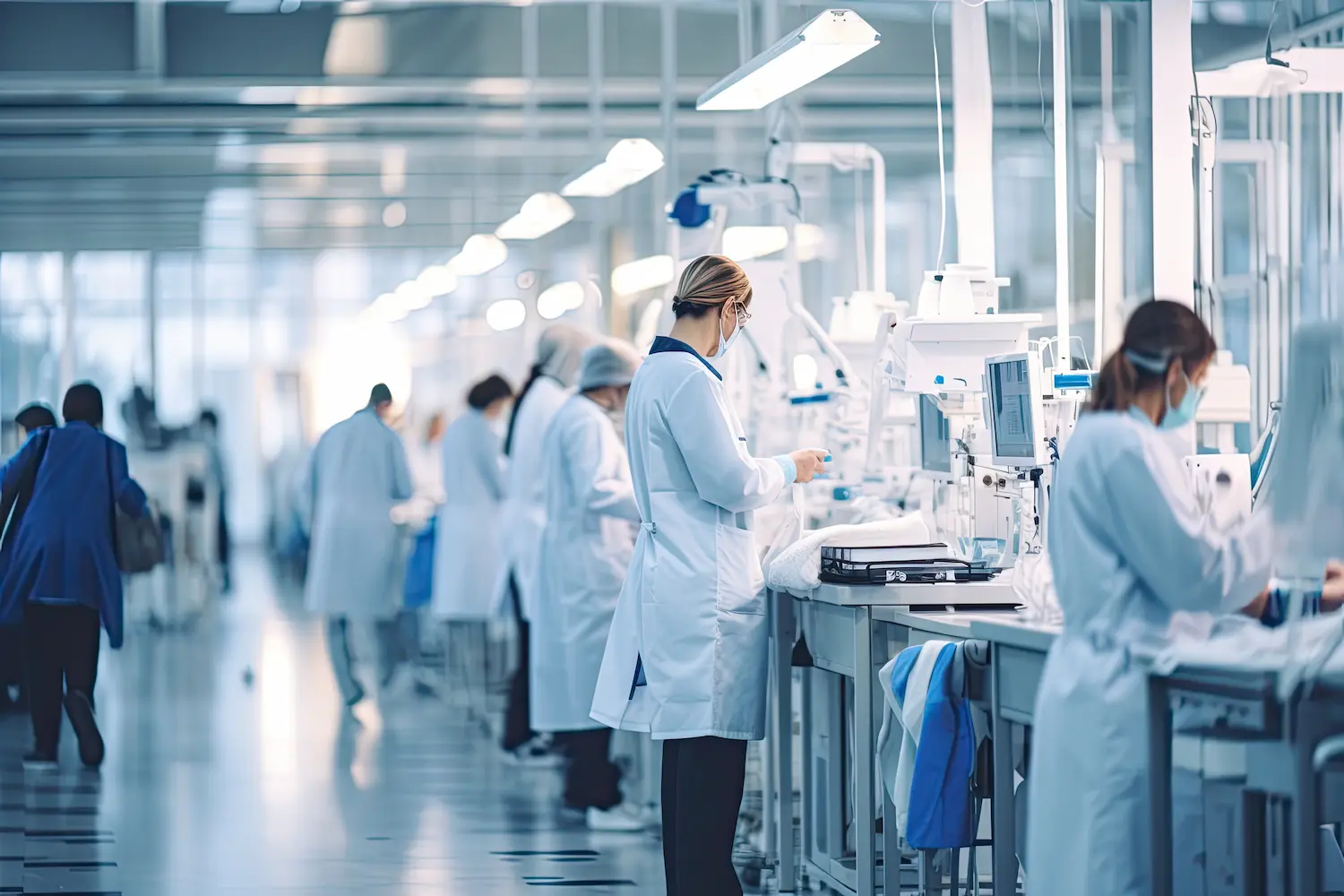 Scientists in white lab coats work at benches in a well-lit laboratory. They are using various equipment while some are writing notes. The lab environment is bright and orderly.