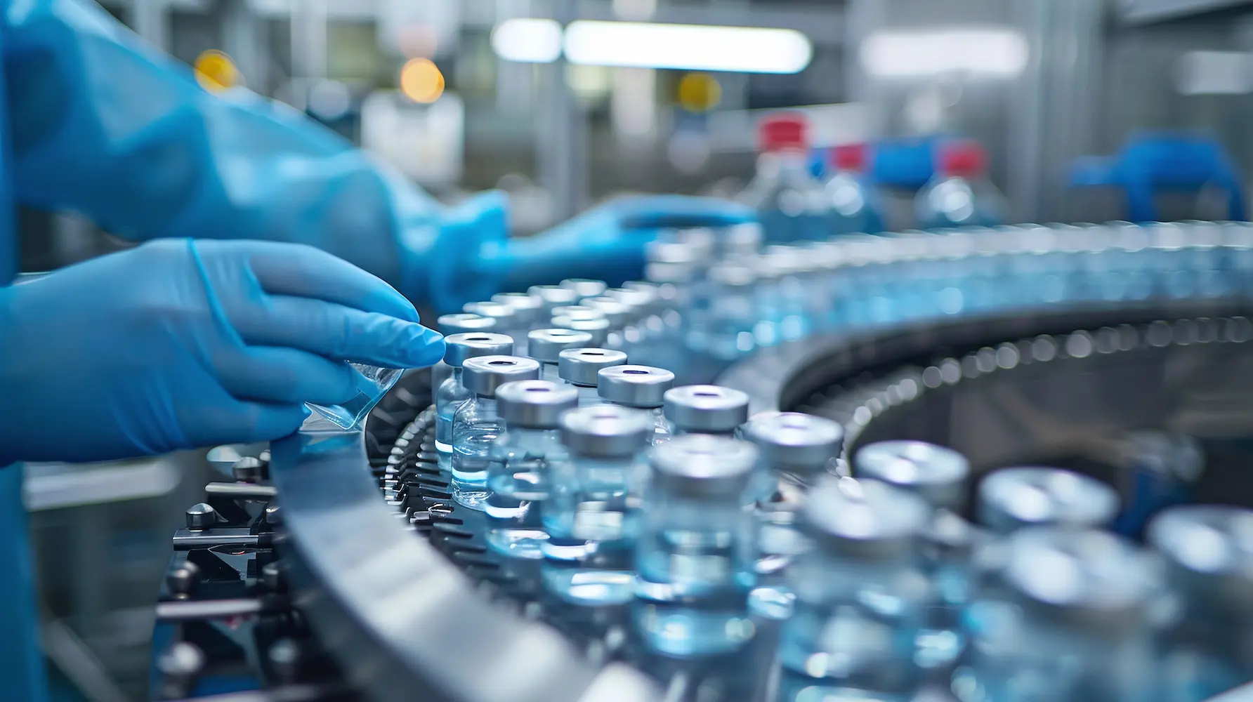 A gloved hand arranges vials on an assembly line in a pharmaceutical manufacturing facility.