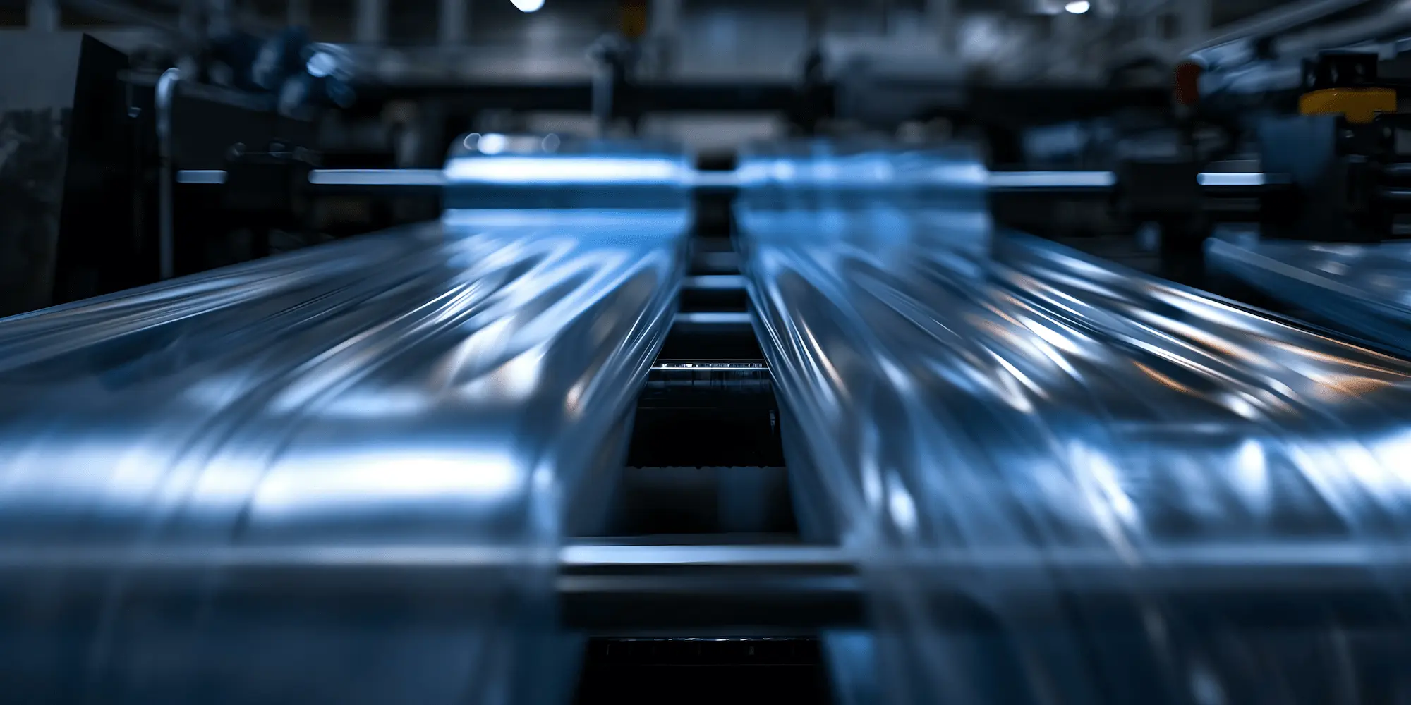 Close-up of a high-speed printing press in operation, with blurred motion effects highlighting the movement of the paper or material passing through the machine.