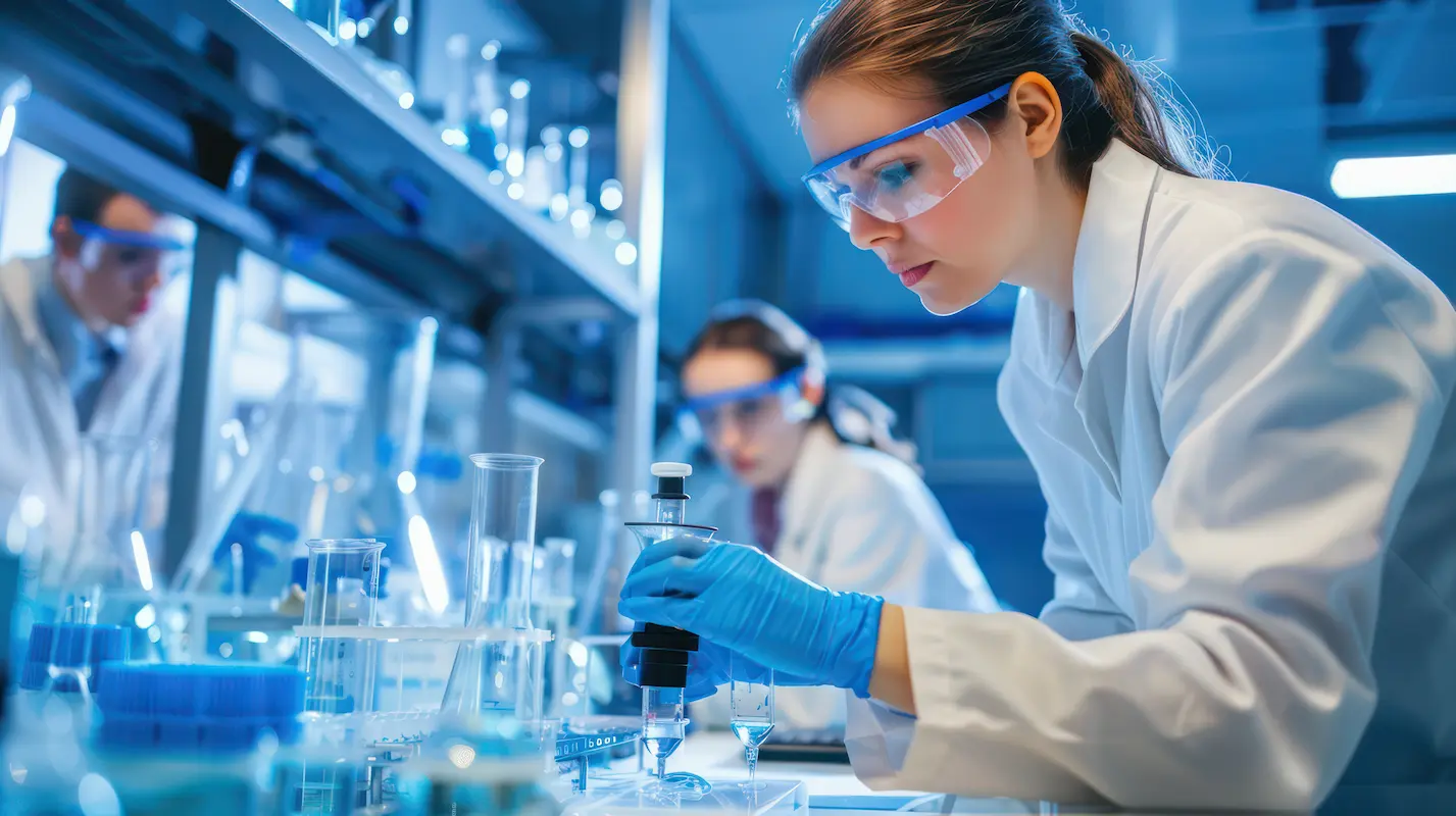 Scientists in a lab wearing protective eyewear and gloves, conducting experiments with various glassware and equipment.