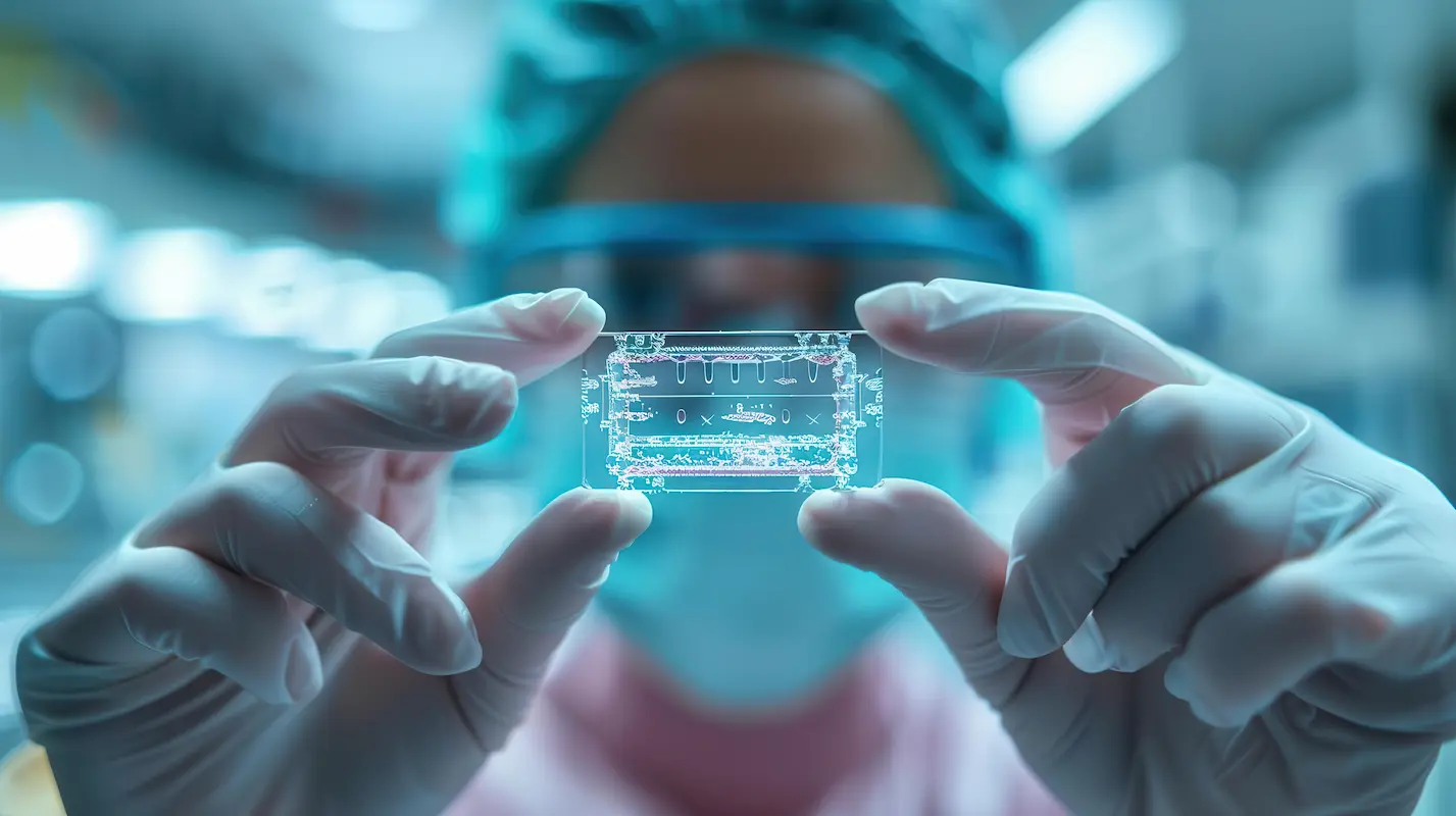 A scientist wearing protective gear holds up a microchip, examining it closely in a laboratory setting.