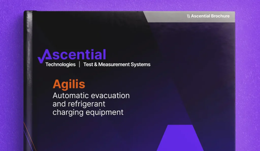 Cover of an Ascential Technologies brochure featuring their Agilis line of automatic evacuation and refrigerant charging equipment.