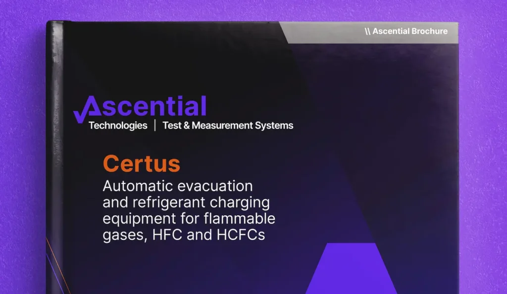 Cover of an Ascential Brochure titled "Certus" featuring automatic evacuation and refrigerant charging equipment for flammable gases, HFCs, and HCFCs.