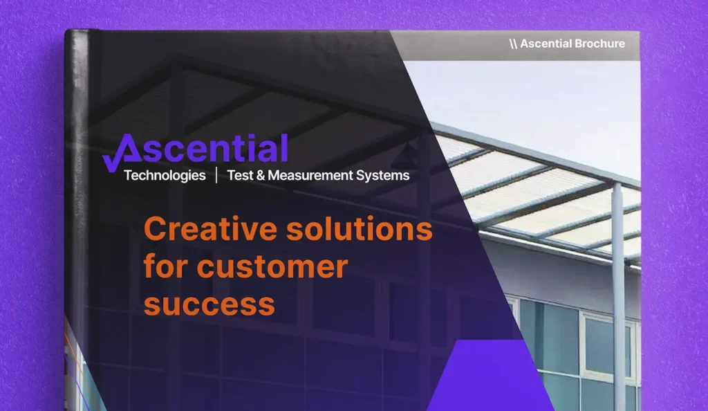 Cover of an Ascential Technologies brochure with the text "Ascential Technologies | Test & Measurement Systems," "Creative solutions for customer success," on a background of a modern building.