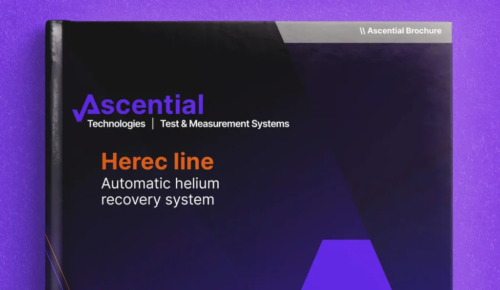 A brochure cover titled "Ascential Technologies | Test & Measurement Systems" with the subtitle "Herec Line Automatic Helium Recovery System.