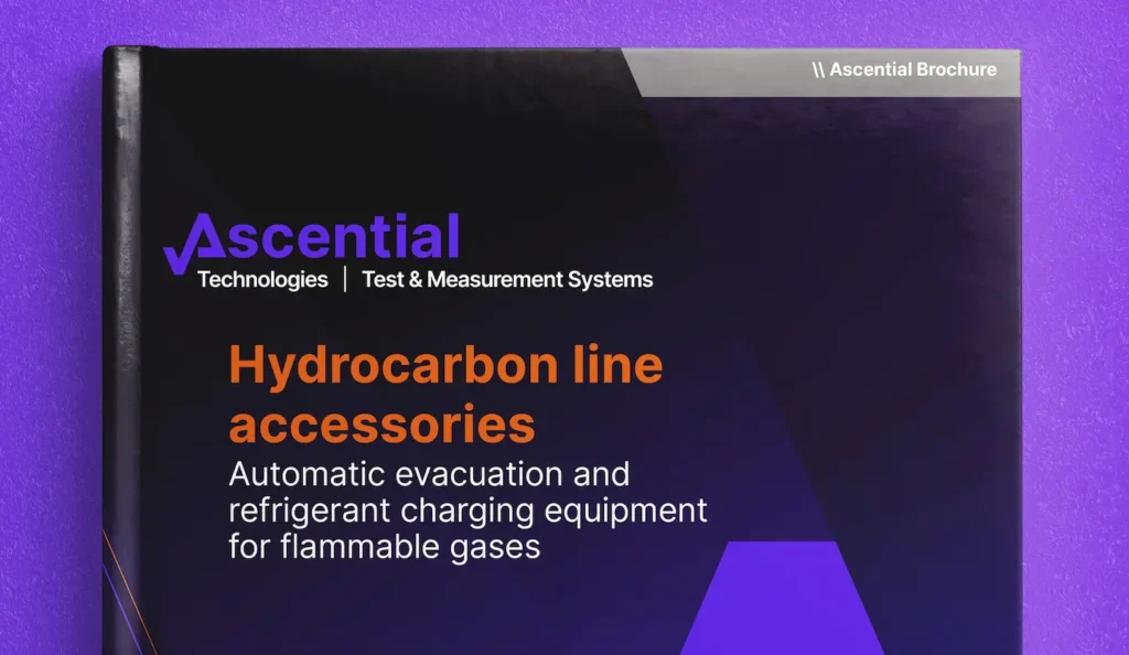 Cover of Ascential Technologies brochure titled "Hydrocarbon line accessories: Automatic evacuation and refrigerant charging equipment for flammable gases.