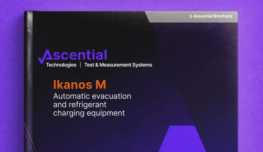 A brochure cover for Ascential Technologies featuring Ikanos M, automatic evacuation and refrigerant charging equipment. Text reads "Test & Measurement Systems" in the top section.