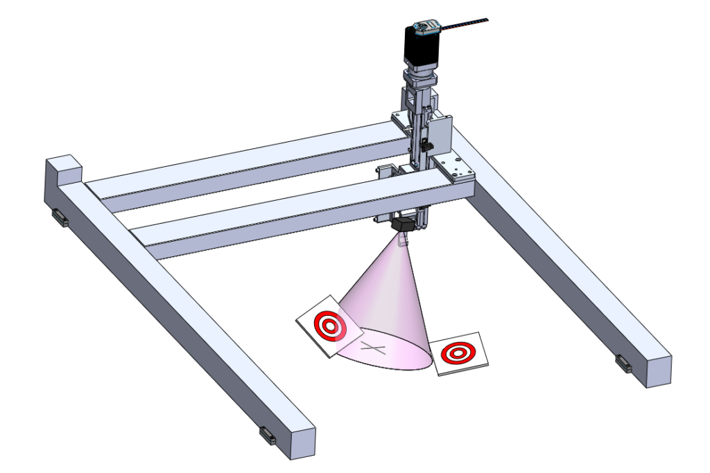 A diagram of a device with a frame, vertical slider, and laser projecting onto two target cards.