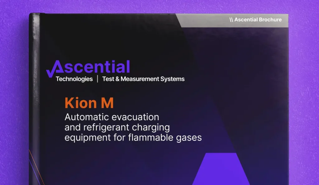 Brochure cover for Ascential Technologies featuring the Kion M, an automatic evacuation and refrigerant charging equipment for flammable gases.