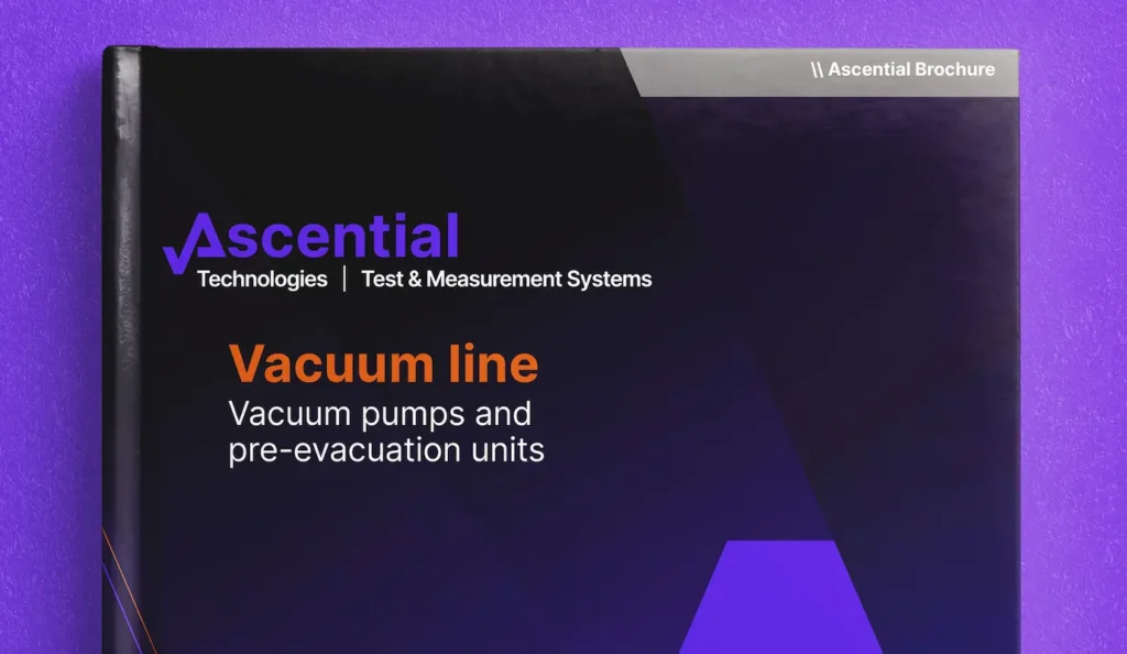 Cover of Ascential Technologies brochure, titled "Vacuum line," featuring vacuum pumps and pre-evacuation units.