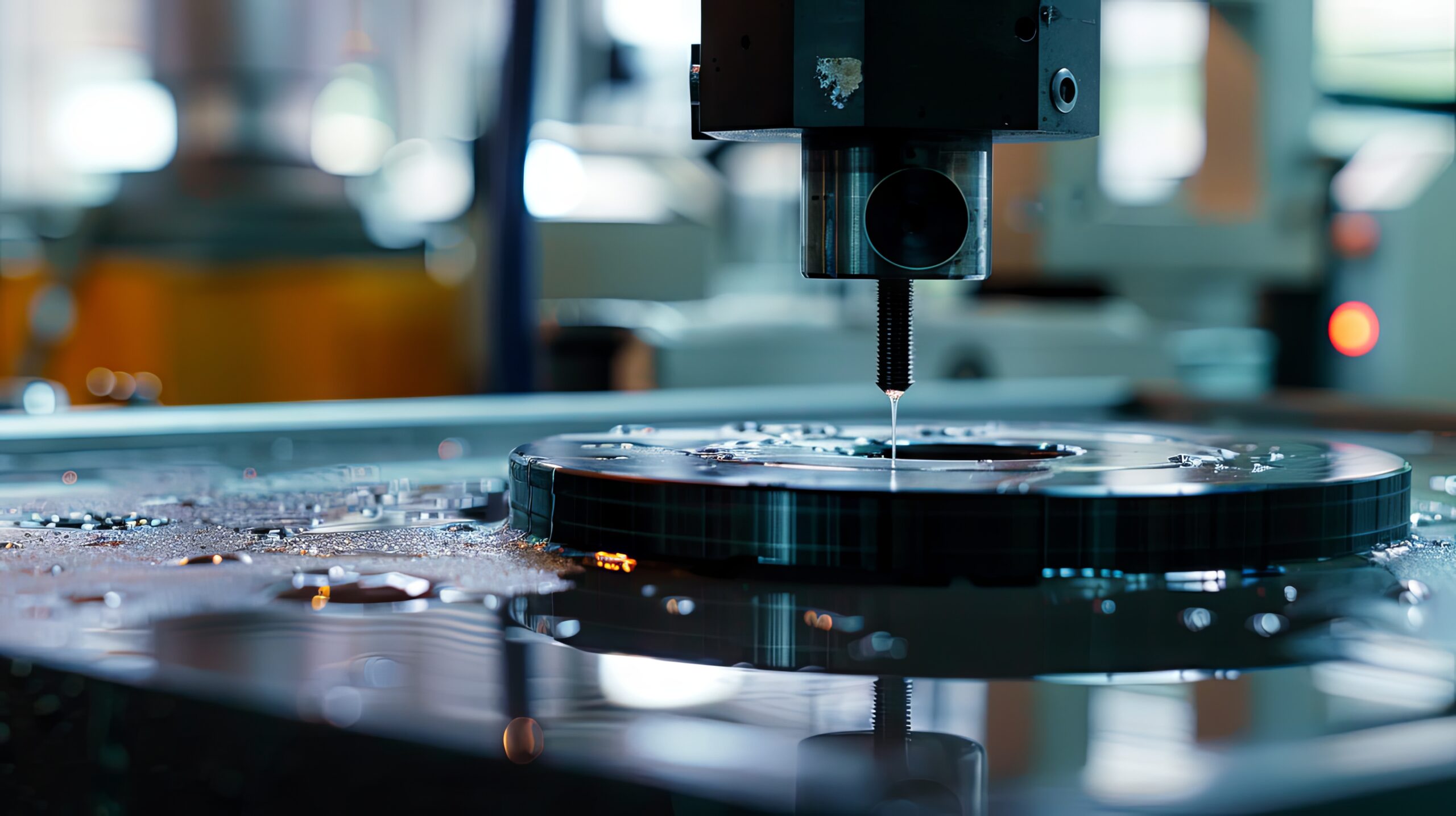 A close-up of an industrial CNC machine drilling into a metal object, surrounded by cooling fluid.