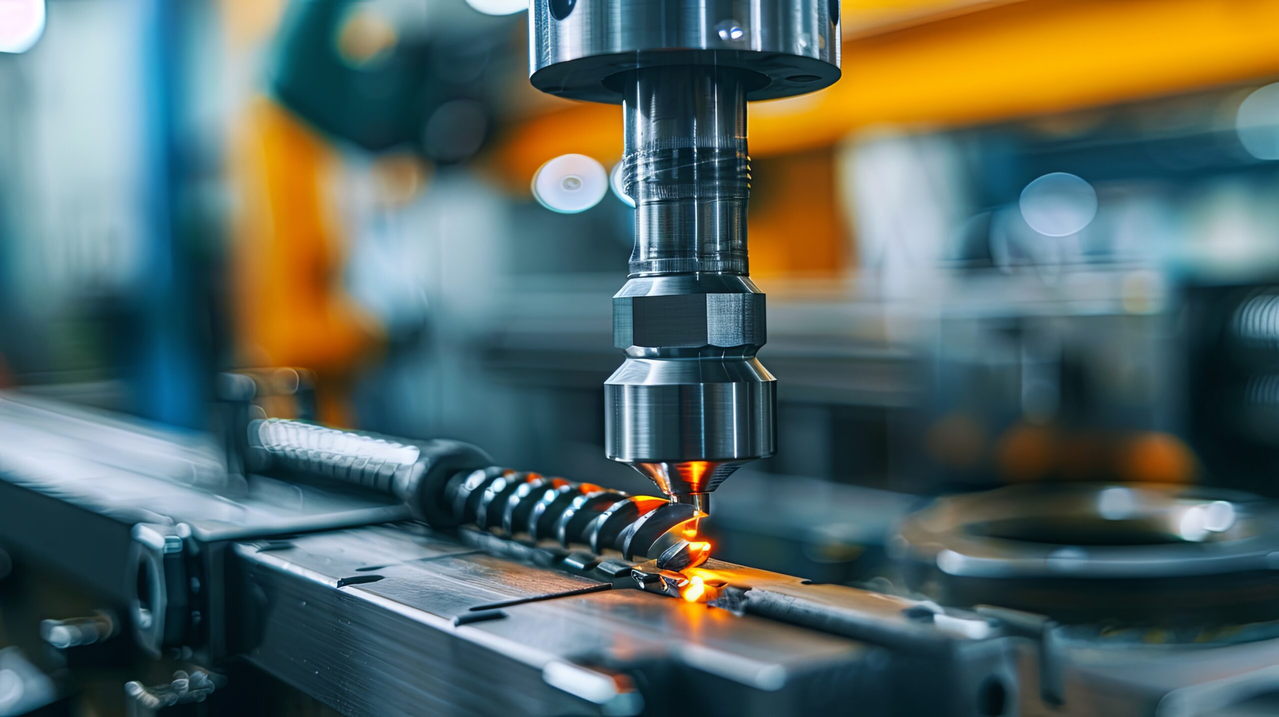 Close-up of a CNC machine drilling into a metal surface with sparks flying, set in an industrial environment.