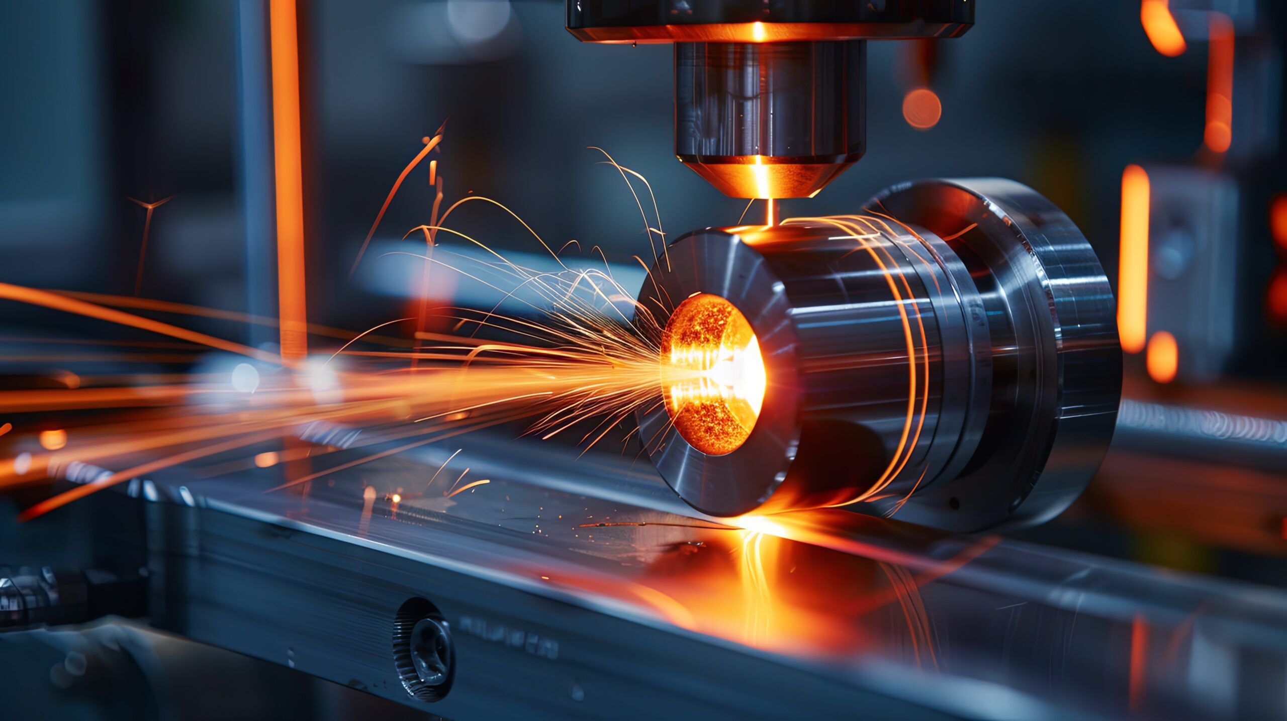 A CNC machine cutting metal with sparks flying, showcasing precision machining in a workshop.