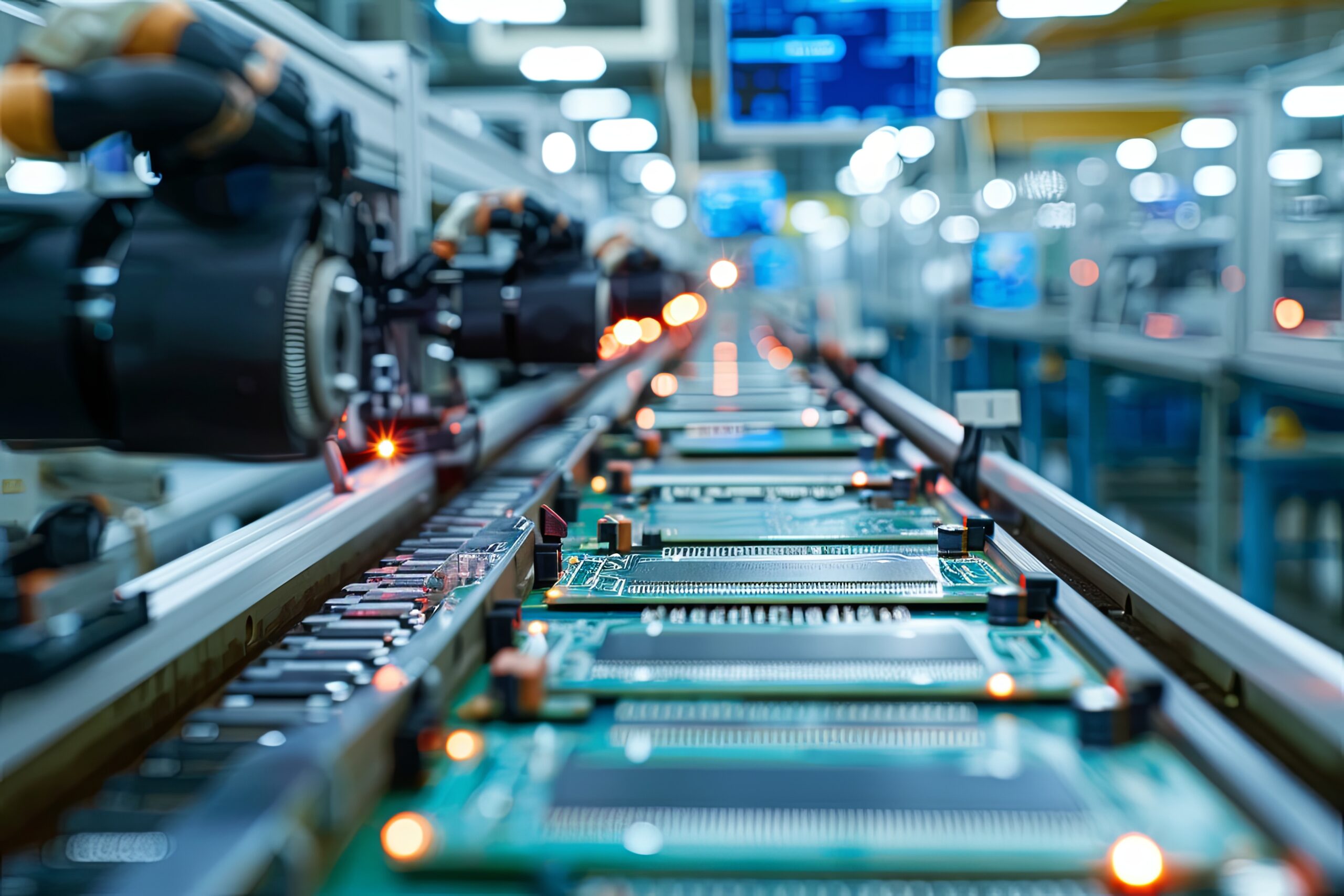 Close-up of a factory production line assembling electronic circuit boards with automated machinery in the background.