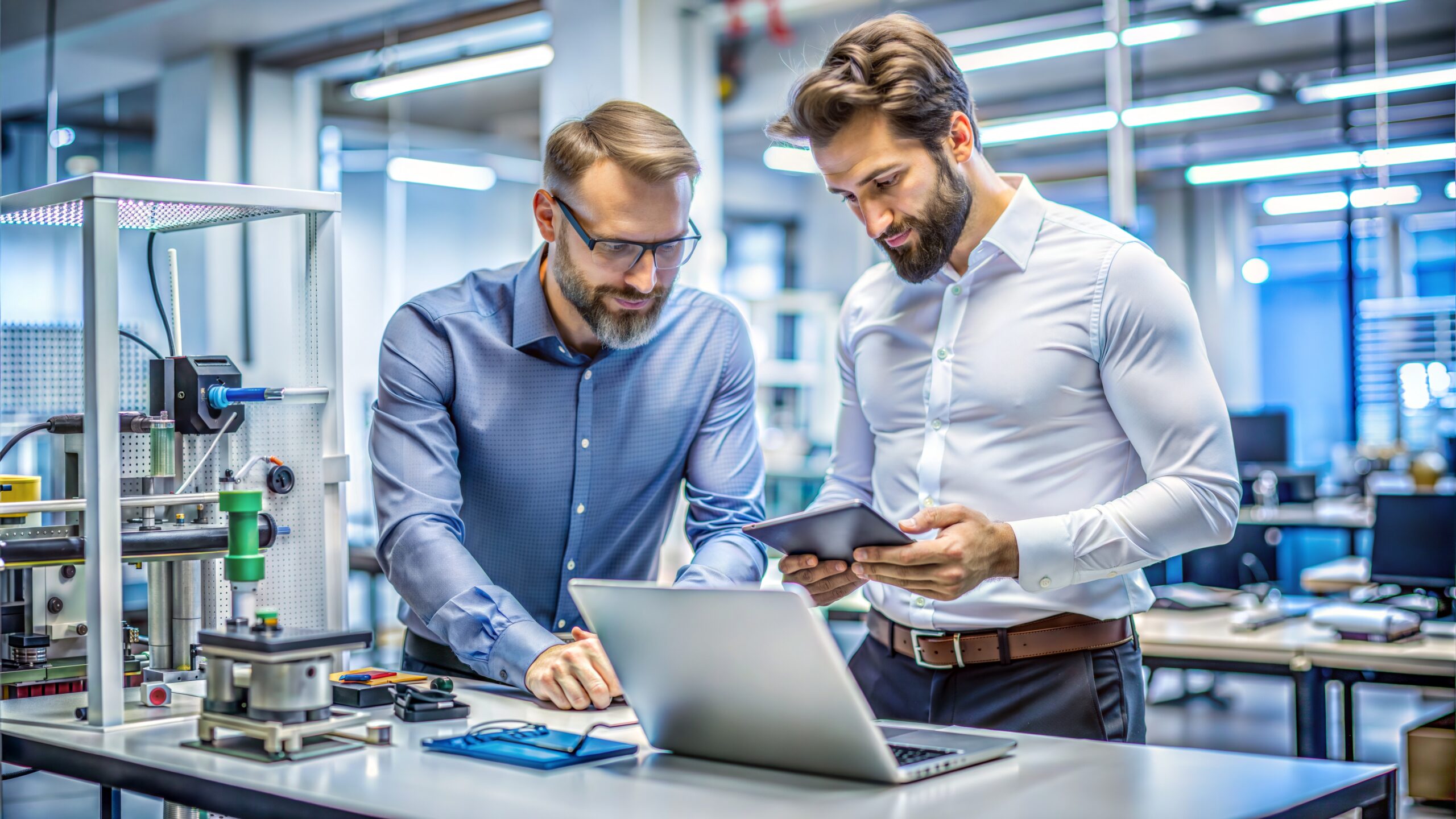 Two men in a lab setting discuss data displayed on a laptop and tablet, surrounded by various technical equipment.