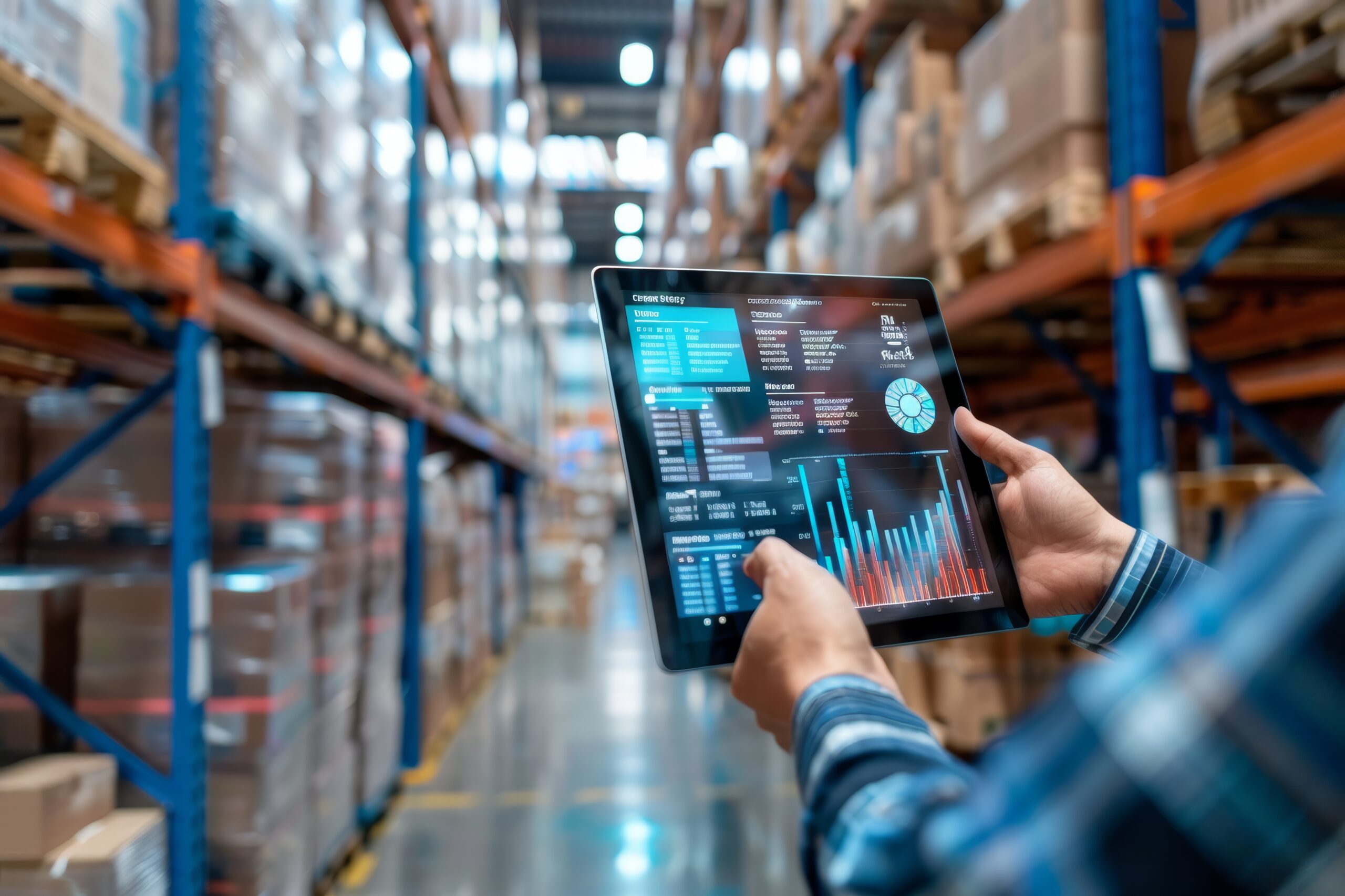 Person holding a tablet displaying data analytics in a warehouse aisle filled with shelves of boxes.