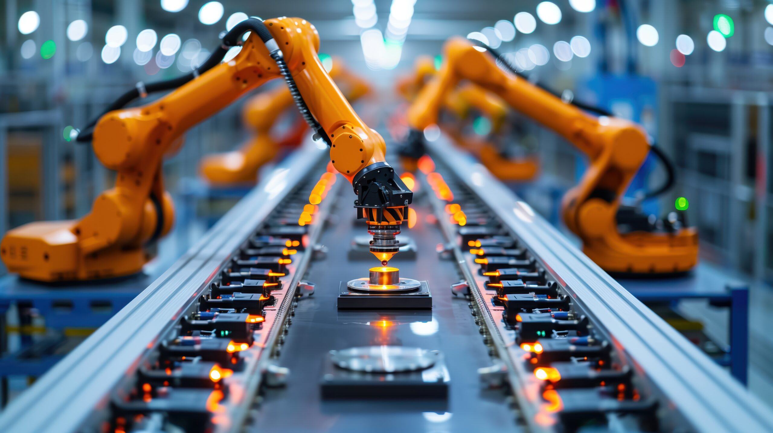 Robotic arms assembling components on a conveyor belt in an automated factory setting.