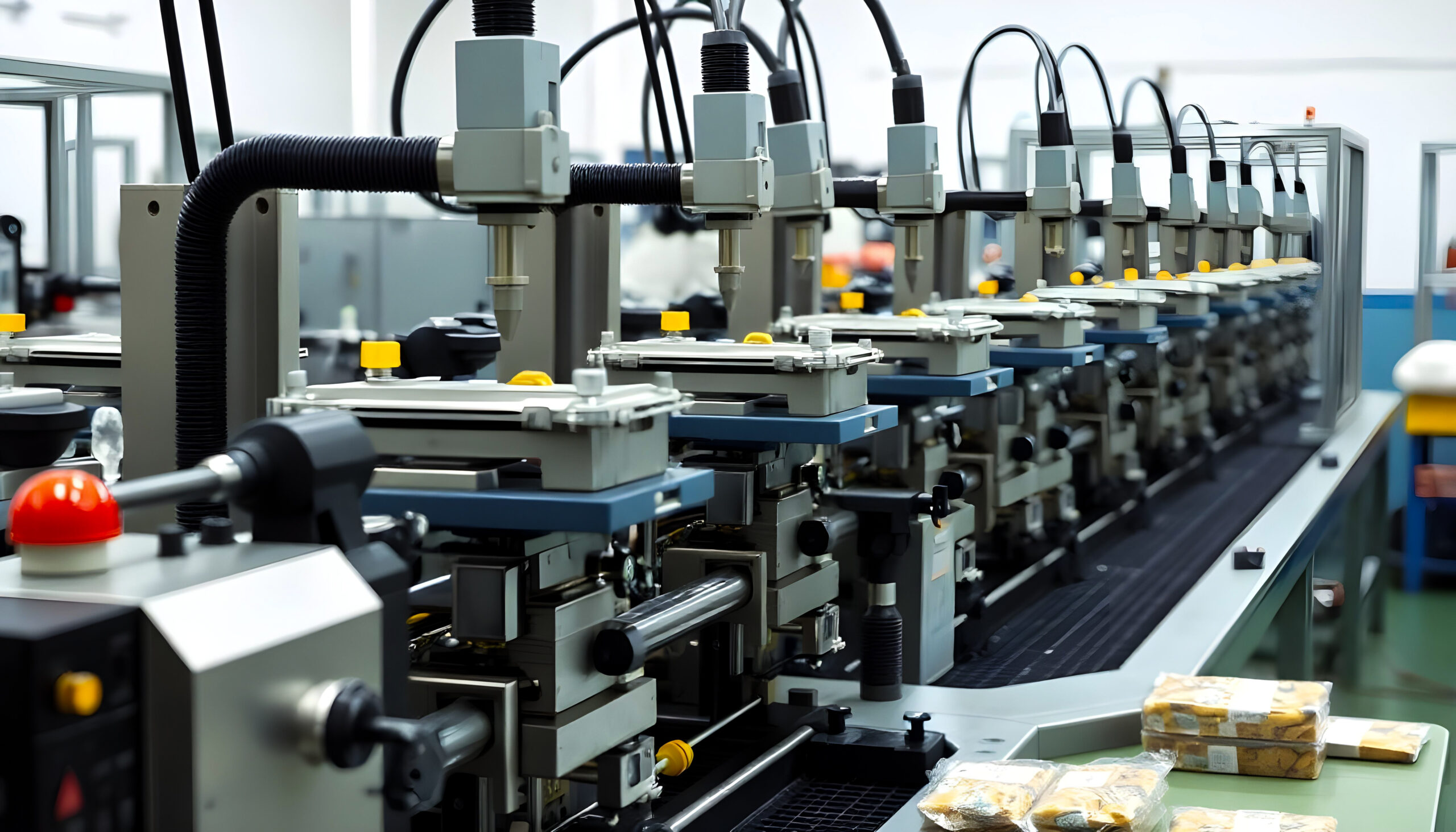 A row of machines in a factory lines up for food packaging, with stacks of packaged goods visible at the end.