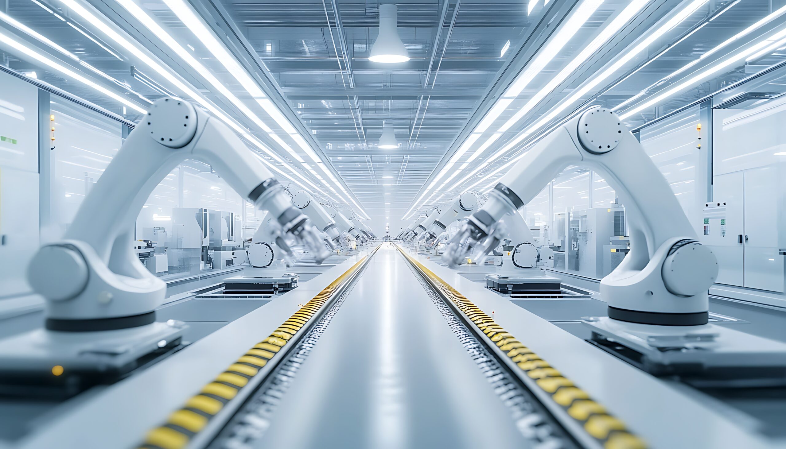 A futuristic factory interior with robotic arms positioned along a central conveyor belt. The setting is brightly lit and highly automated.