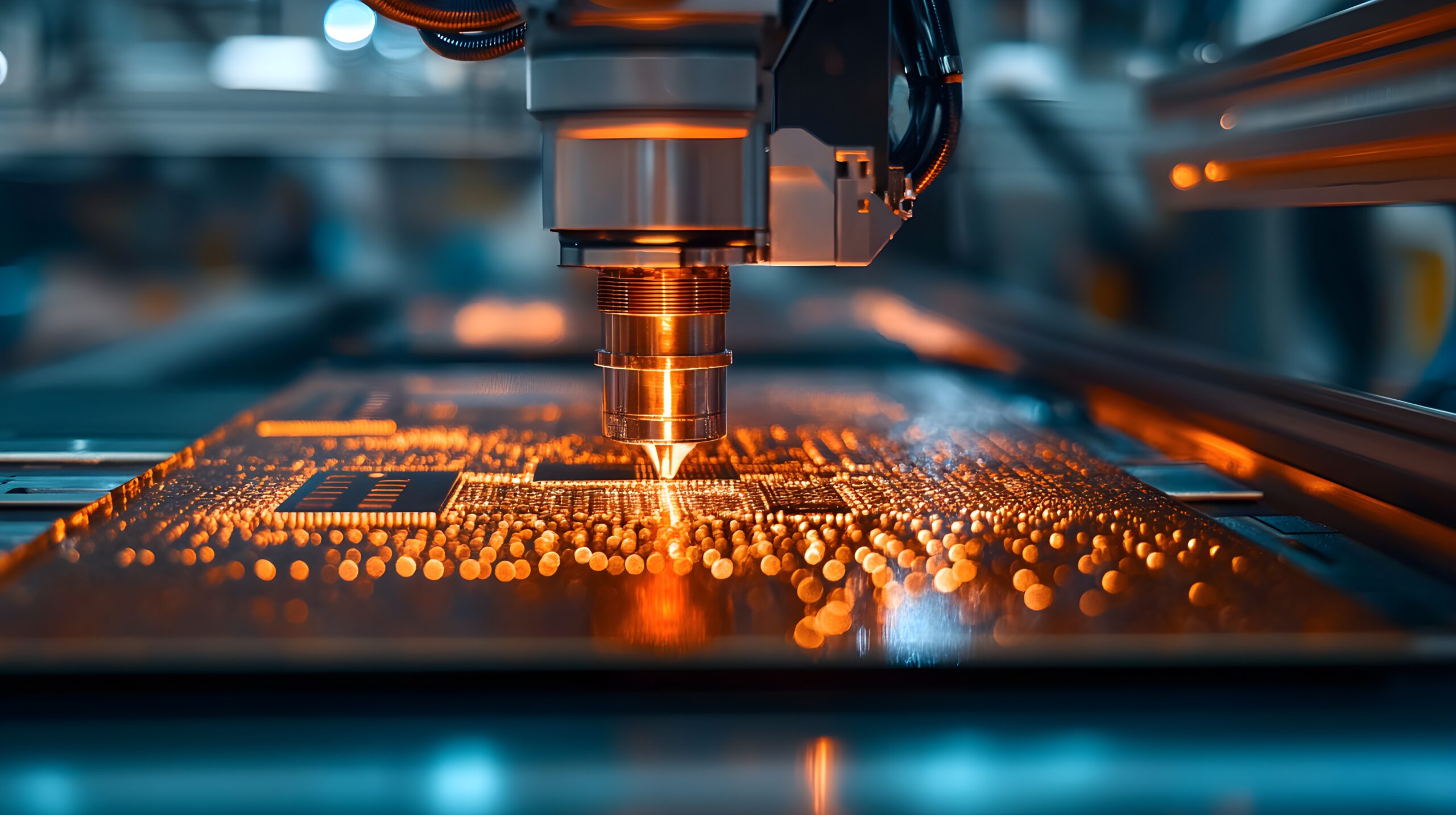 A robotic arm laser-etching intricate circuits onto a glowing circuit board in a high-tech manufacturing setting.