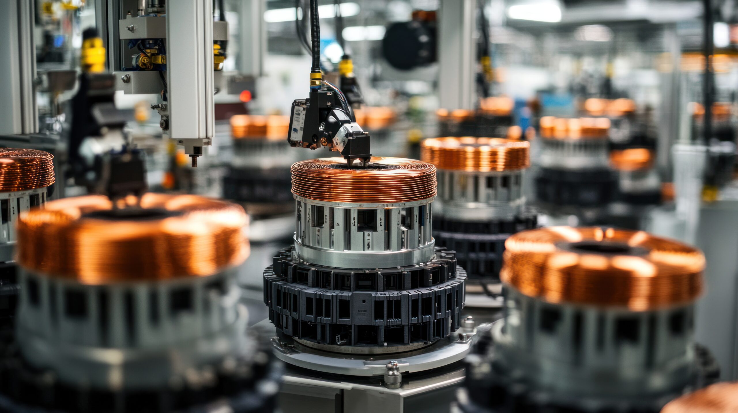 Robotic arm assembling copper coils on machinery in an industrial setting.