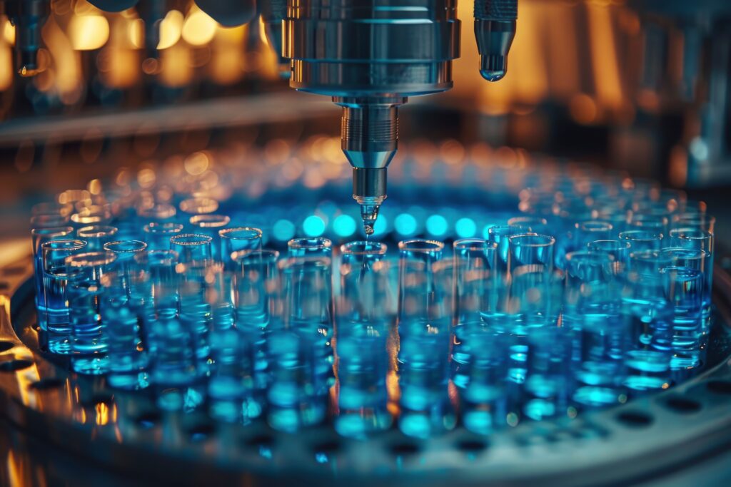 A laboratory machine automatically dispenses liquid into rows of test tubes under blue lighting.