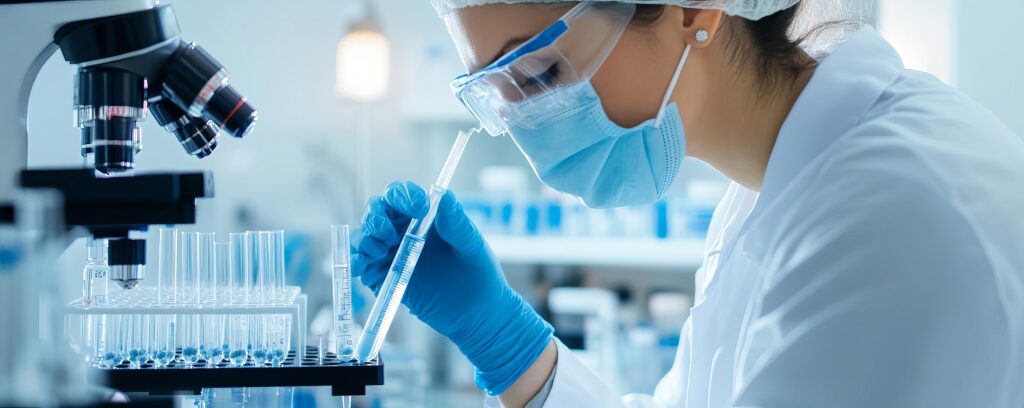 Researcher in a lab coat and mask uses a pipette to transfer liquid into a test tube, with a microscope nearby.